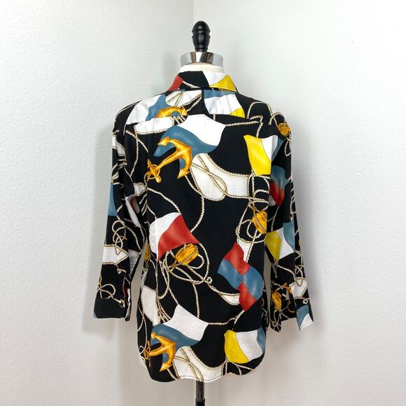 Lauren Ralph Lauren Womens Nautical Blouse Large Black Color Flags Button Front - Picture 6 of 10